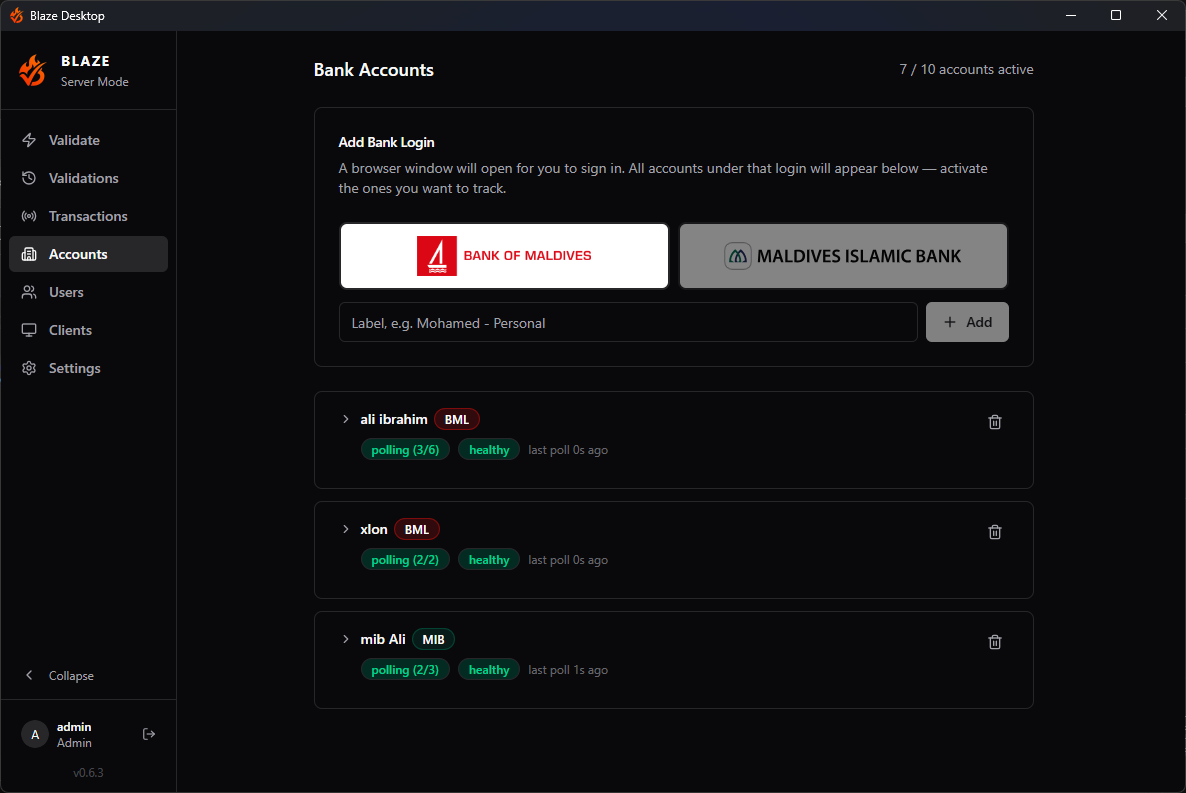 Blaze Desktop — Bank Accounts Management