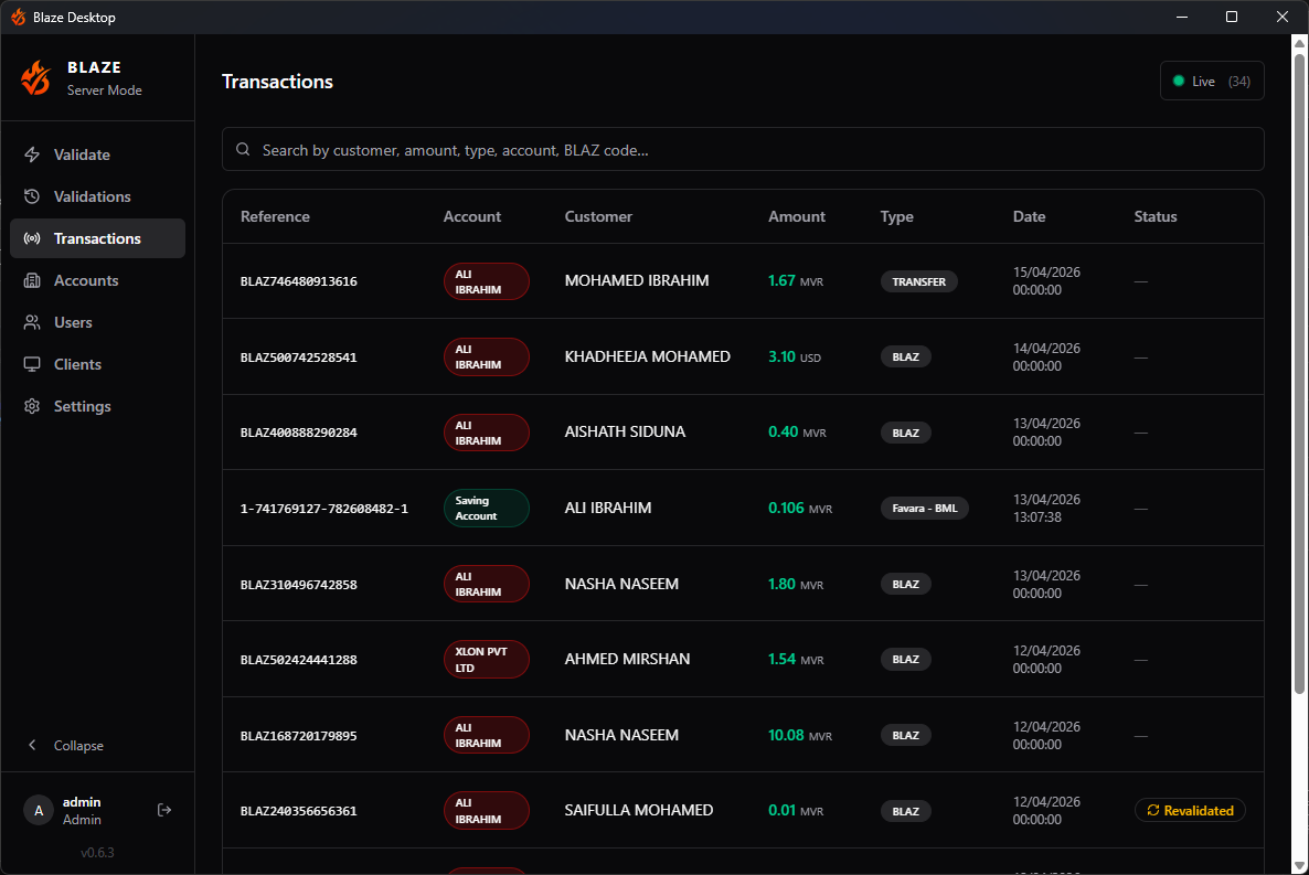 Blaze Desktop — Live Transaction Feed