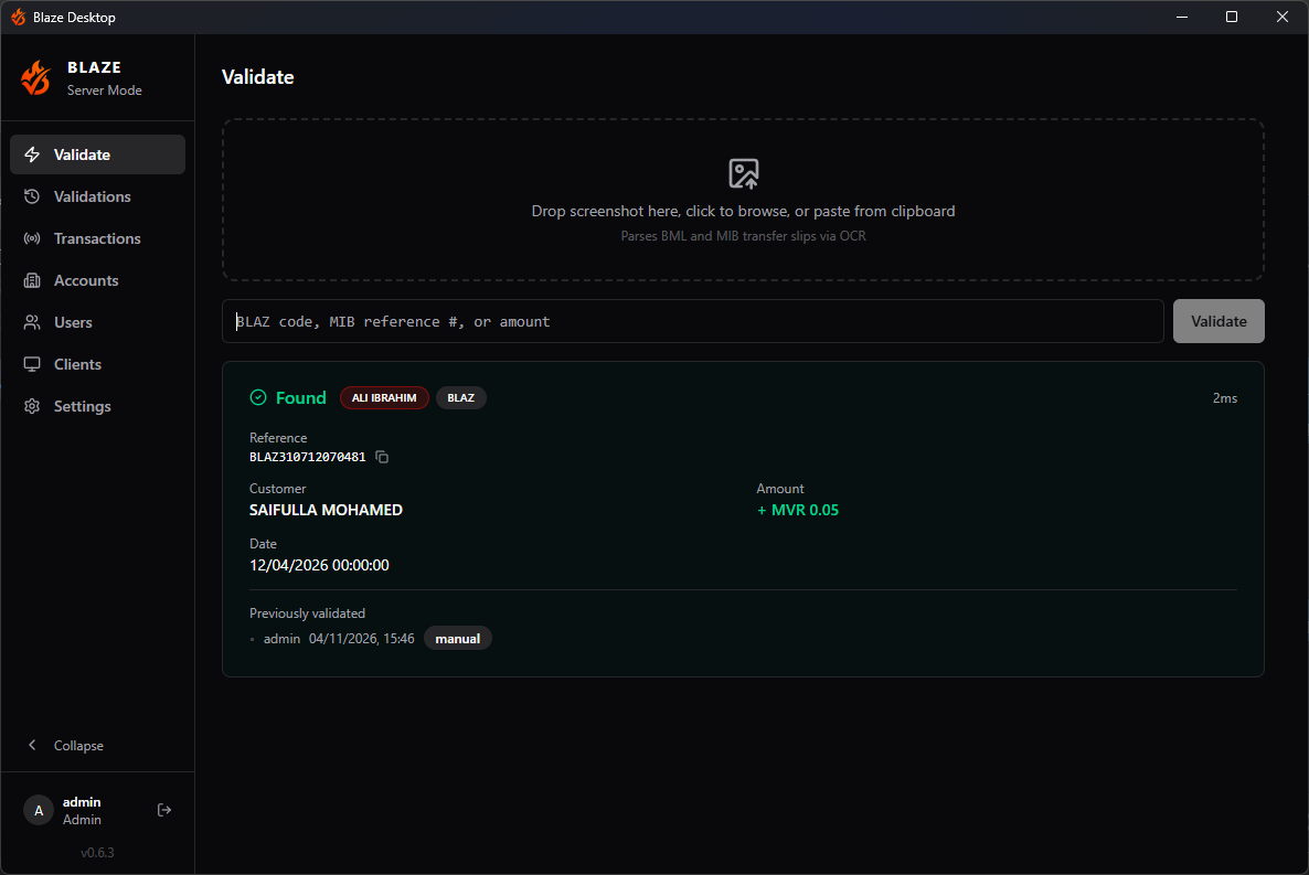 Blaze Desktop — Transaction Validation